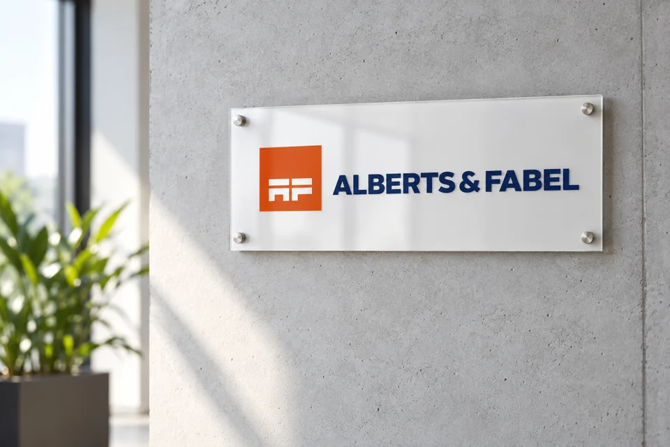 Markenwelt · Alberts & Fabel: Firmenschild · Empfang